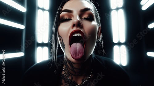 Woman with Tattoos Sticking Out Tongue	 photo