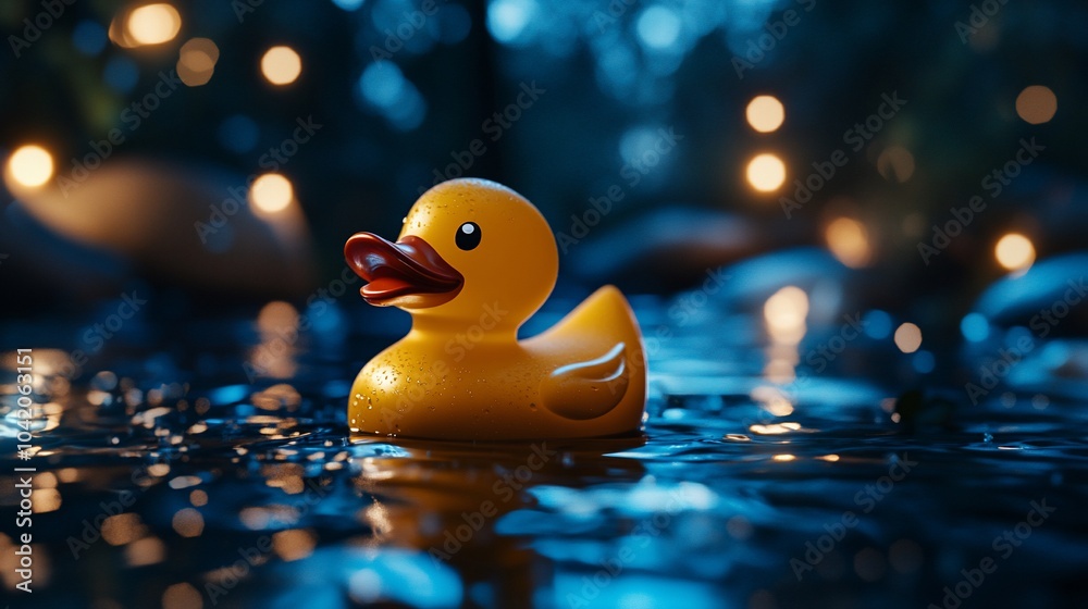 A yellow rubber duck floating in a blue pool of water with bokeh lights in the background. A yellow rubber duck floating in a blue pool of water with bokeh lights in the background.