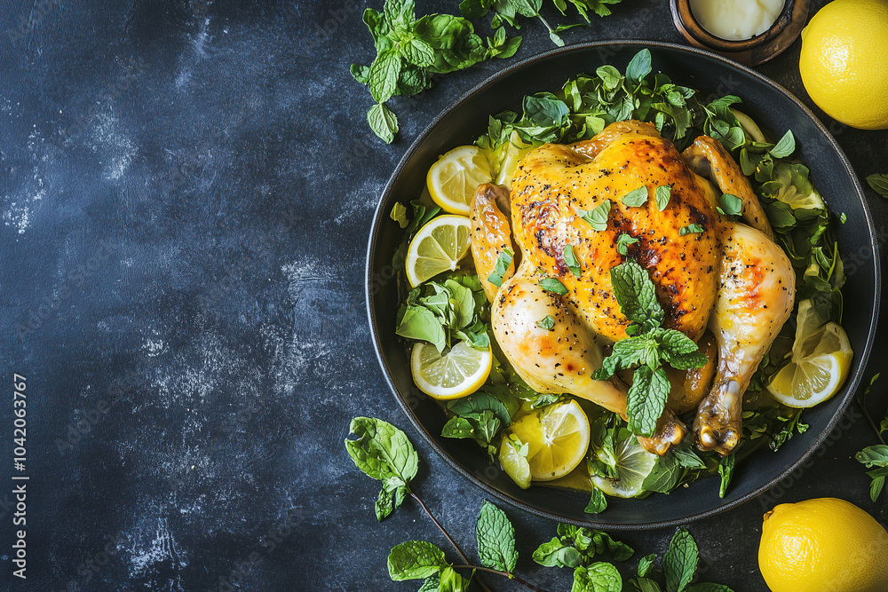 A stunning roast chicken garnished with fresh mint and lemon slices, artfully arranged for an inviting presentation. Generative AI A stunning roast chicken garnished with fresh mint and lemon slices, artfully arranged for an inviting presentation. Generative AI