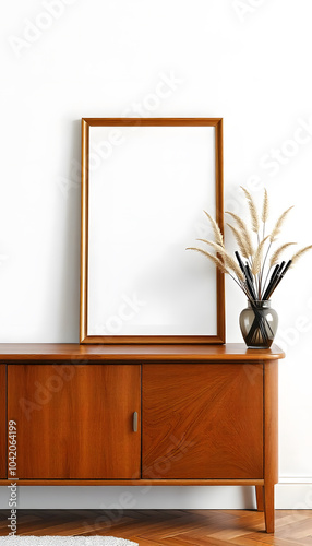 Photo of a vertical picture frame with blank white paper leaning against the wall on top of an elegant sideboard, in wooden tones. The background is a clean white wall with some pampas grass.