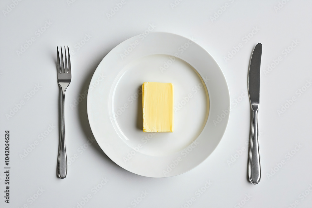 A single yellow butter block placed on a white plate with stainless steel cutlery arranged neatly on a clean table setting. Generative AI A single yellow butter block placed on a white plate with stainless steel cutlery arranged neatly on a clean table setting. Generative AI