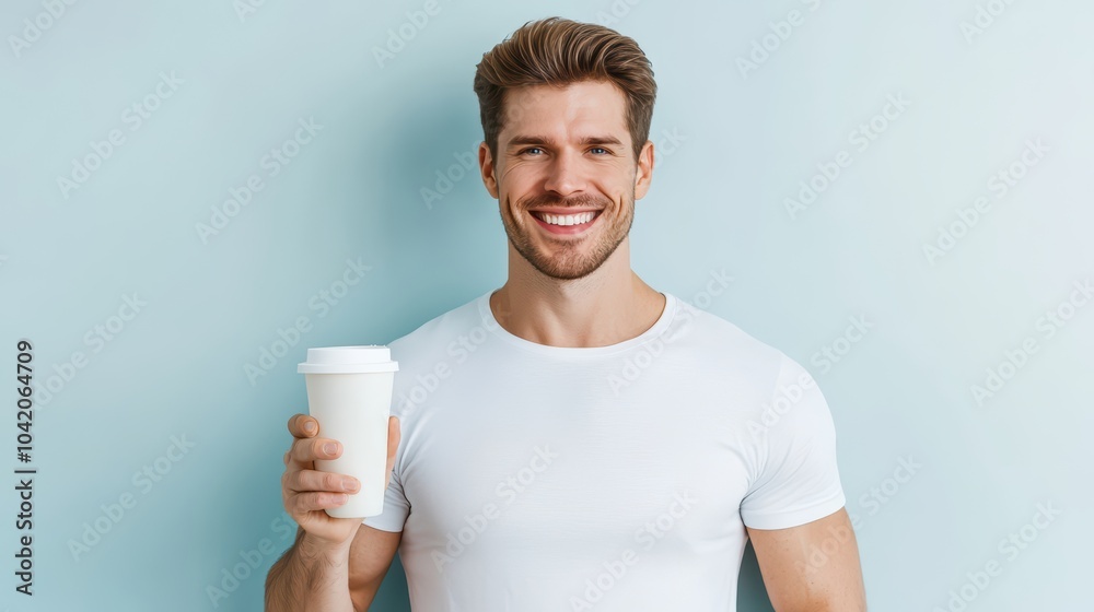 Happy man holding a coffee cup, smiling at the camera, casual attire, bright background. Happy man holding a coffee cup, smiling at the camera, casual attire, bright background.