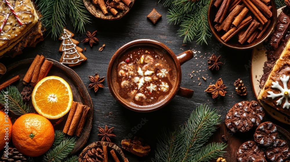 Christmas food. View from above of a cup of Christmas hot chocolate on a table with holiday season ingredients like orange, cookies, panettone, cinnamon and pine Christmas food. View from above of a cup of Christmas hot chocolate on a table with holiday season ingredients like orange, cookies, panettone, cinnamon and pine