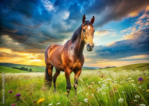 Thoroughbred Horse Grazing in a Serene Farmer's Field - Nature Photography