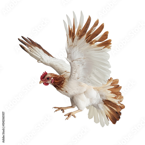 Chicken flying on white background, rooster spreading wings in the air