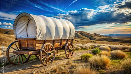 Covered wagon with water barrel on the Oregon Trail with shallow depth of field