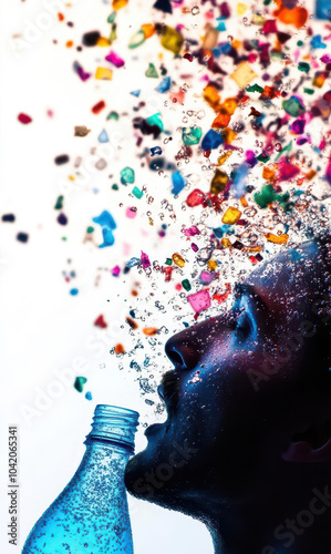 A human figure drinking water from a plastic bottle with floating microplastics inside