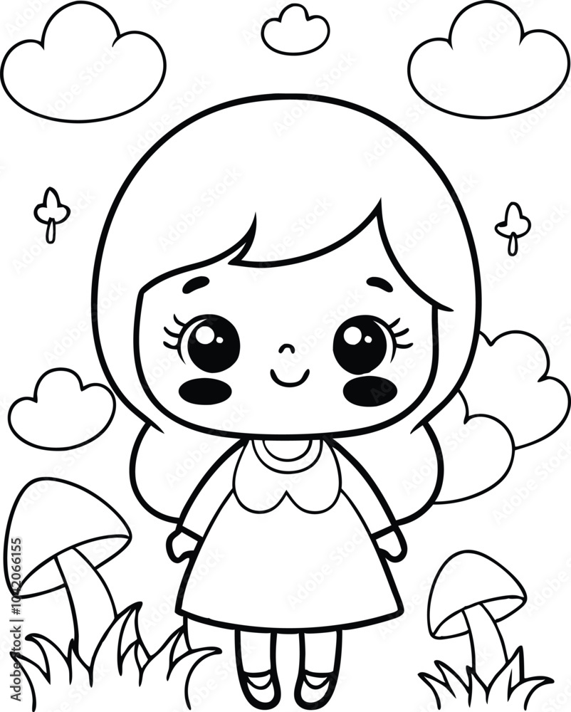 Hand-drawn cute kawaii girl playful black line art coloring page, kids coloring book. Generative Ai Hand-drawn cute kawaii girl playful black line art coloring page, kids coloring book. Generative Ai