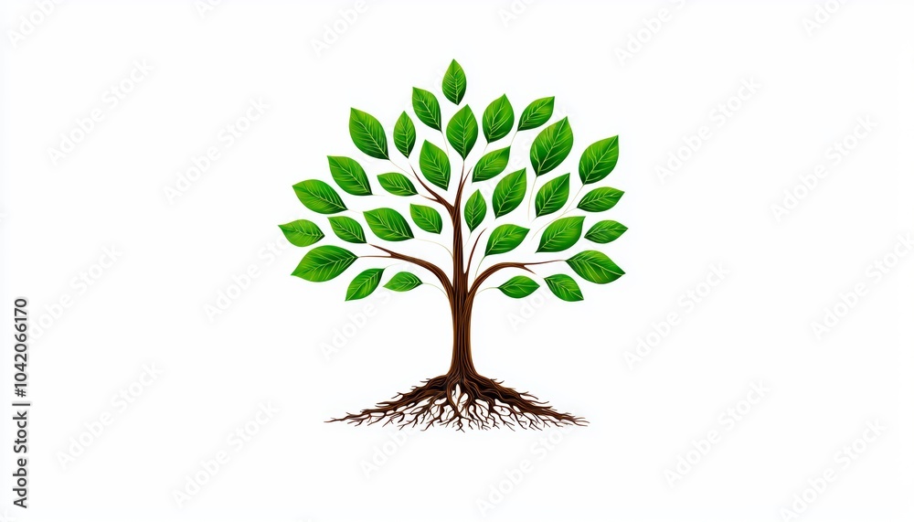 Fototapeta premium Stylized tree design with lush green leaves and a strong trunk, on a white isolated background.