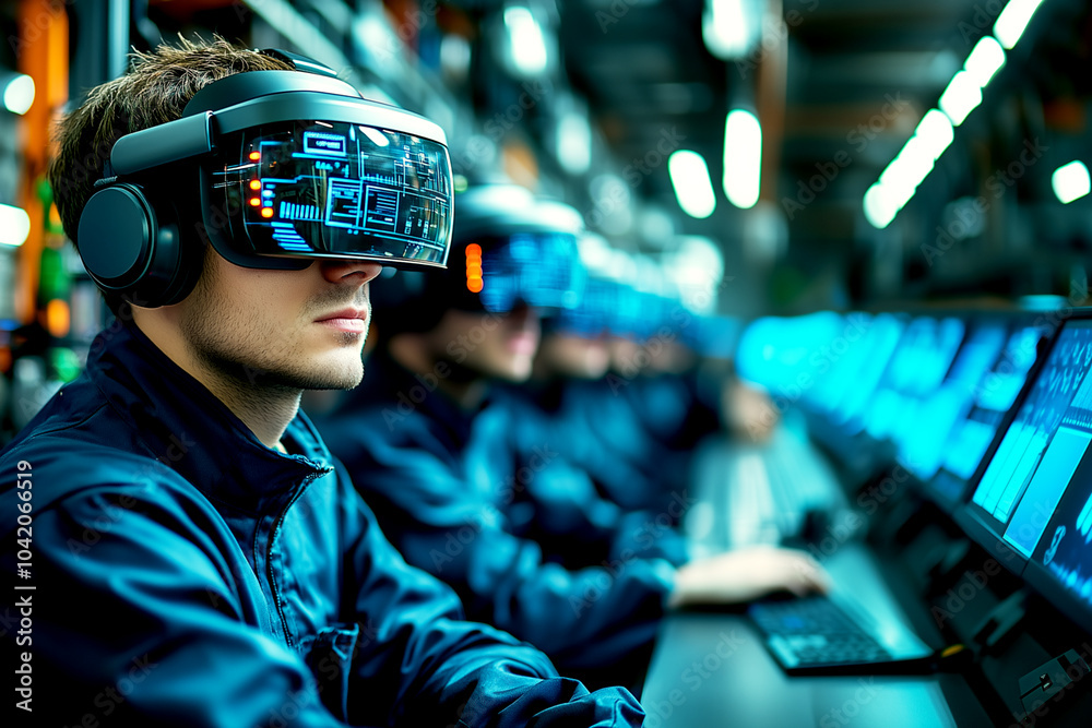 Man wearing a virtual reality headset is sitting in front of a computer. There are several other people in the room wearing headsets and working on computers. Man wearing a virtual reality headset is sitting in front of a computer. There are several other people in the room wearing headsets and working on computers.