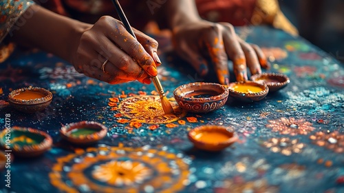 A close-up of hands crafting a handmade Diwali greeting card with intricate patterns, bright colors, and traditional Diwali motifs like diyas and rangoli. The table is filled with paints, brushes,