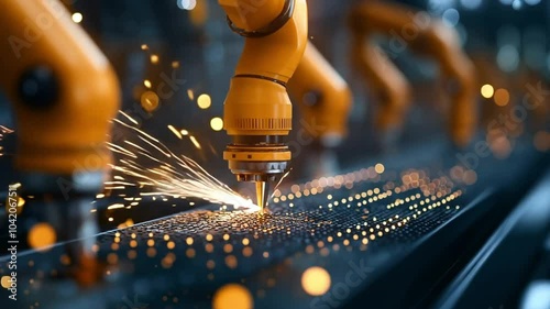 Industrial Revolution 4.0: Robotic precision welding sparks innovation. Close-up view of robotic arms performing a welding process with sparks flying.  