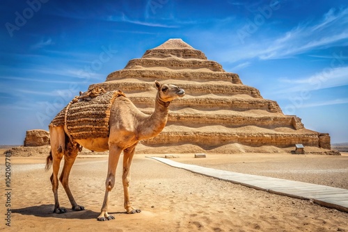 Point of view photo of a camel with the Step Pyramid of Djoser in Saqqara photo