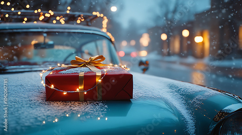 Vintage Car with Snowy Hood and Wrapped Christmas Gift