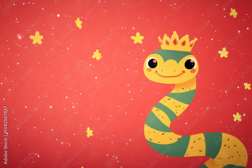 Obraz premium Charming cartoon snake prince on starry red background