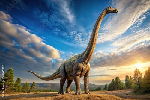 Point of view rendition of prehistoric dinosaur brachiosaurus