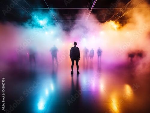 Silhouette in the Fog: A lone figure stands illuminated in a mesmerizing haze of vibrant colors, surrounded by an indistinct crowd. The atmospheric scene evokes a sense of mystery and intrigue.