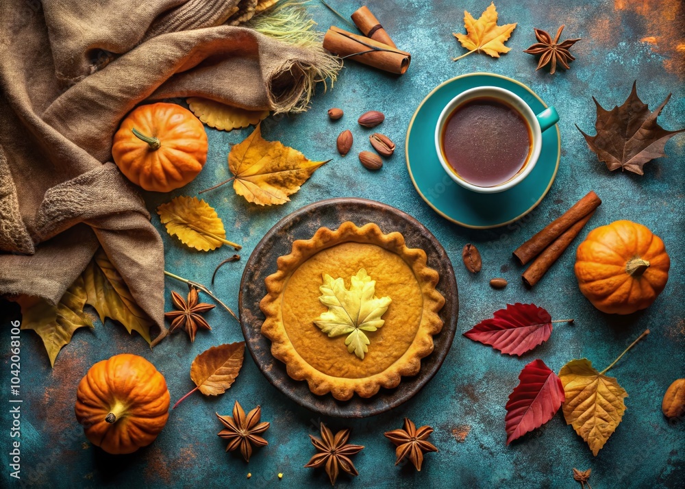 Traditional Pumpkin Pie with Leaf Cookies on Shabby Blue Background for Autumn Decor and Coffee Traditional Pumpkin Pie with Leaf Cookies on Shabby Blue Background for Autumn Decor and Coffee