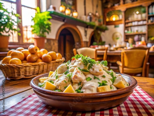 Traditional Spanish Cold Salad with Potatoes and Mayonnaise in a Vintage Andalusian Restaurant