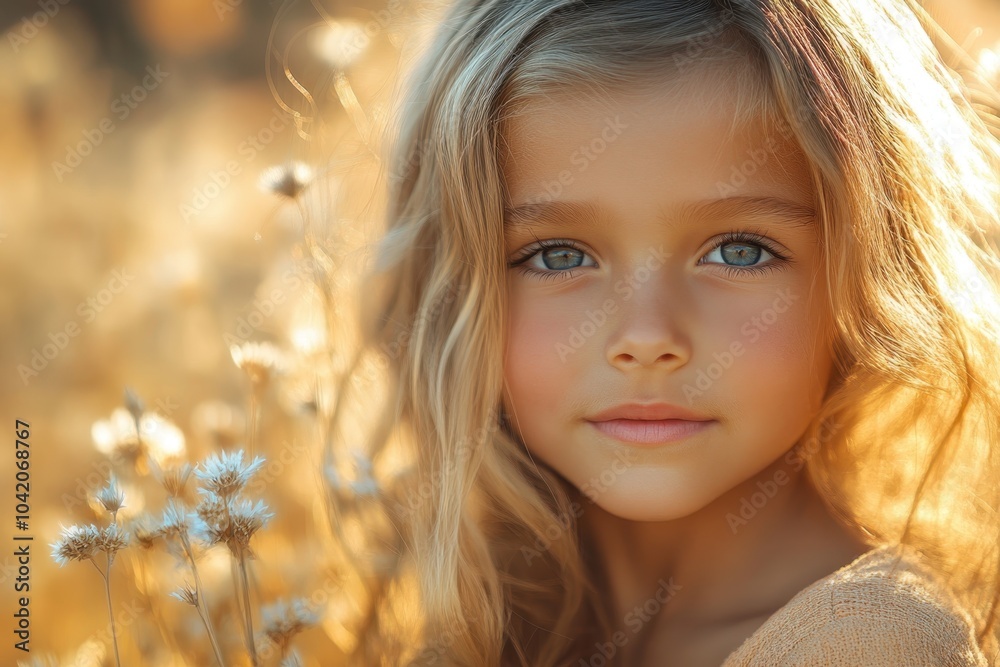 A girl with long hair smiling in a golden field during a warm afternoon in early autumn A girl with long hair smiling in a golden field during a warm afternoon in early autumn