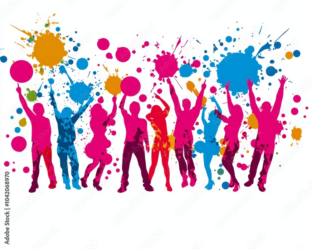 Cheerful silhouettes celebrating with colorful splashes, creating a lively atmosphere against a white background. Cheerful silhouettes celebrating with colorful splashes, creating a lively atmosphere against a white background.