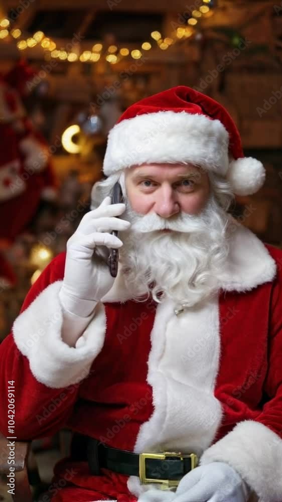 Santa Claus talking on the phone while sitting at a desk in a festive, decorated room Santa Claus talking on the phone while sitting at a desk in a festive, decorated room