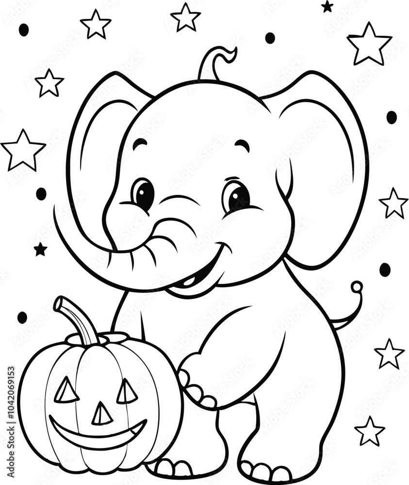 Obraz premium elephant-playfully Spooky pumpkin line art coloring page, kids coloring book. Generative Ai