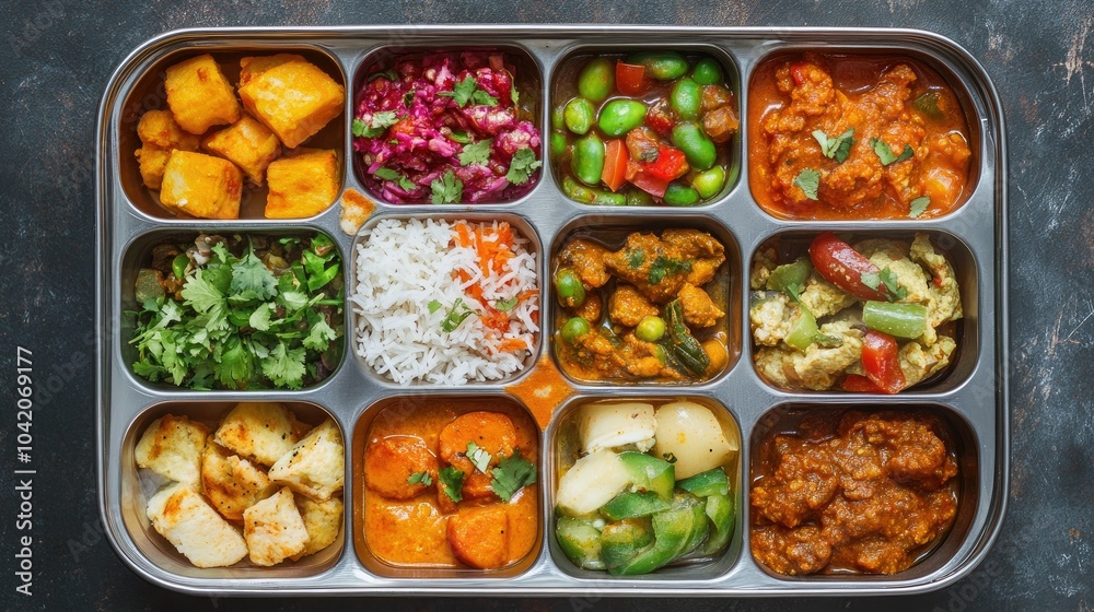 Overhead shot of a traditional Indian tiffin filled with colorful and delicious meals, each compartment showcasing vibrant flavors. Overhead shot of a traditional Indian tiffin filled with colorful and delicious meals, each compartment showcasing vibrant flavors.