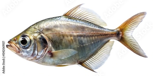 Common hatchetfish Gasteropelecus sternicla swimming at a tilted angle in the water photo