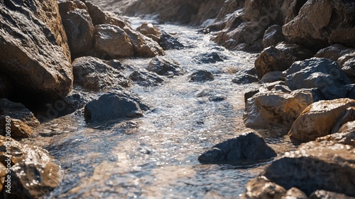 A small stream flows through a rocky riverbed, sunlight reflecting off the water.