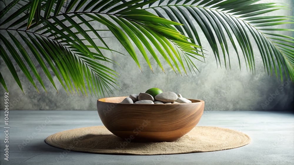 Obraz premium Tranquil Still Life with Wooden Bowl, Sand, Rocks, and Palm Leaf in Serene Interior Setting