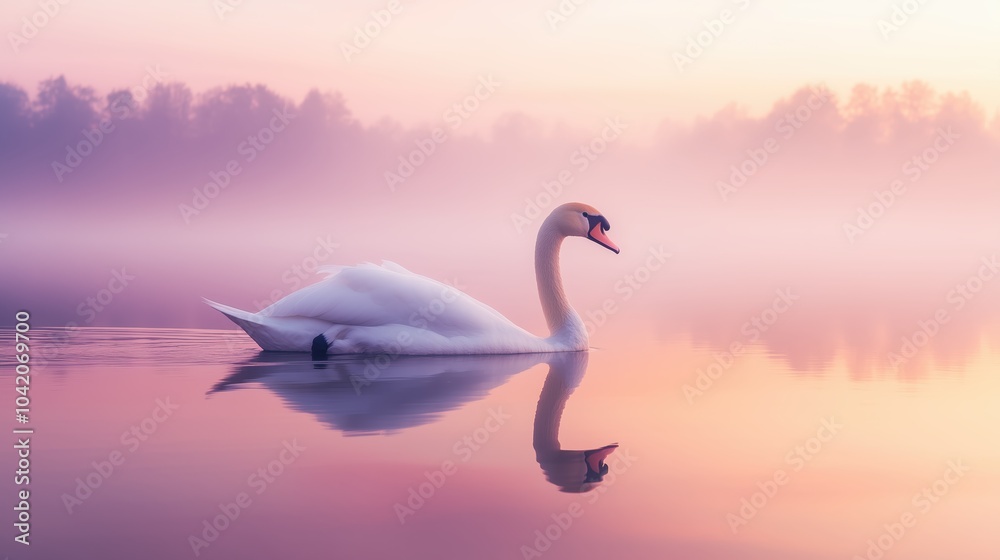 Swan in Misty Pink Lake Swan in Misty Pink Lake