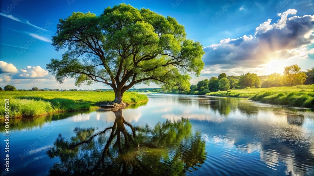 Obraz premium Tranquil Tree and River Landscape Logo Design for Nature Lovers and Outdoor Enthusiasts