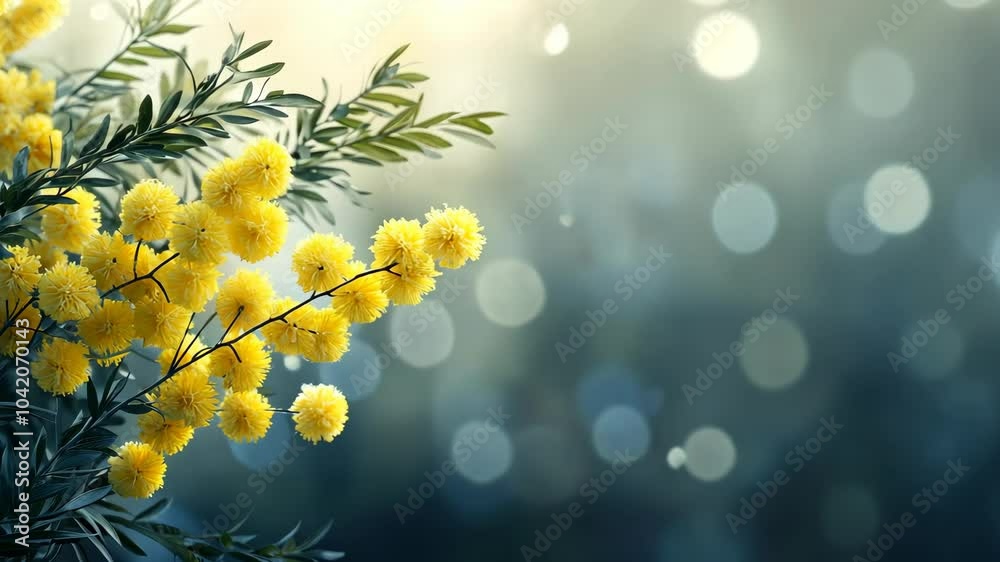 A branch of yellow mimosa flowers blooms in the early morning sunlight