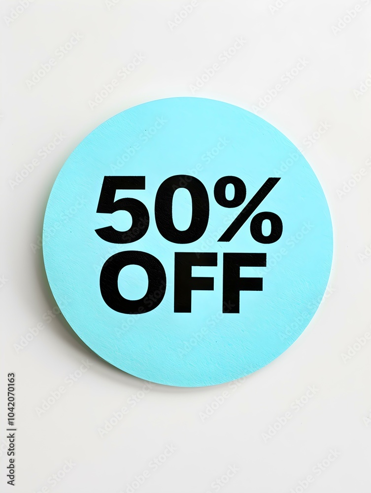 Black '50% OFF' Text on a Cyan Round Paper Note. White Background Black '50% OFF' Text on a Cyan Round Paper Note. White Background