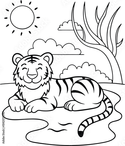 Hand-drawn cute tiger black line art coloring page, kids coloring book. Generative Ai