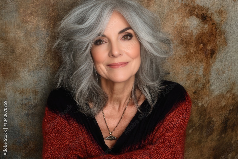 Fototapeta premium Elegant senior woman with stylish gray hair charming smile