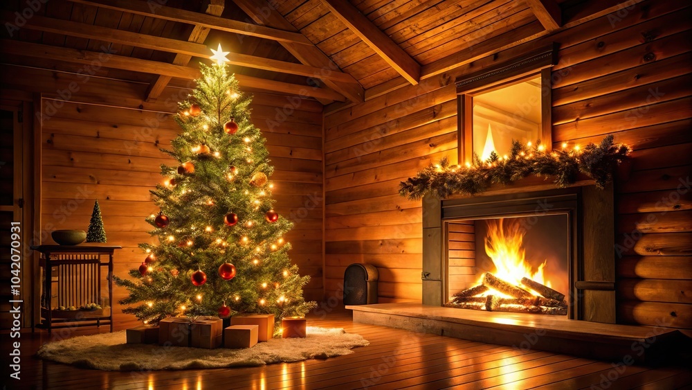 Cozy cabin interior with Christmas tree and fireplace silhouettes Cozy cabin interior with Christmas tree and fireplace silhouettes
