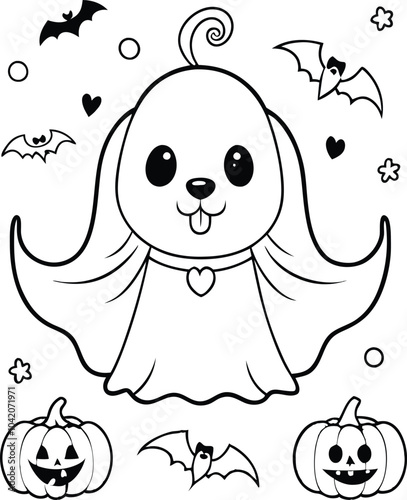 Playful dog ghost pumpkin bat line art coloring page, kids coloring book. Generative Ai