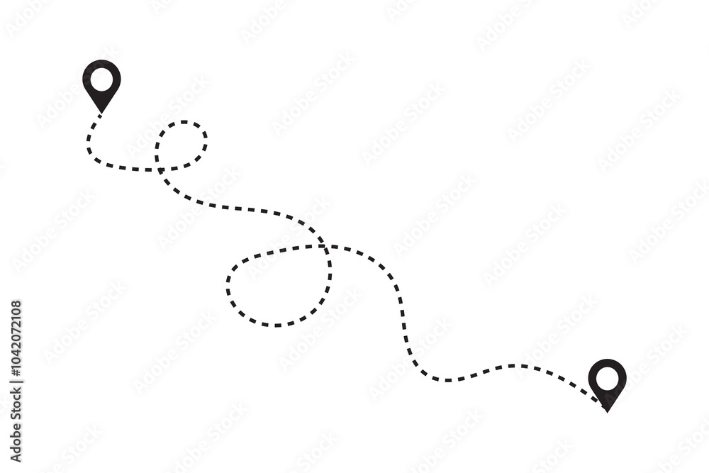 Route location icon two points with dotted line path and location pin. Travel from start point and end point journey symbol. black color vector illustration isolated on white background.
Route location icon two points with dotted line path and location pin. Travel from start point and end point journey symbol. black color vector illustration isolated on white background.