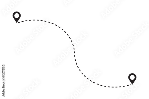 Route location icon two points with dotted line path and location pin.  Travel from start point and end point journey symbol. black color vector illustration isolated on white background.
