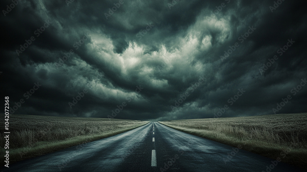 Empty Road Leading into Dark Storm Clouds, Dramatic Landscape with Thunderstorm Sky and Rain-soaked Asphalt, Perfect for Themes of Weather, Adventure, and Dramatic Travel Photography Empty Road Leading into Dark Storm Clouds, Dramatic Landscape with Thunderstorm Sky and Rain-soaked Asphalt, Perfect for Themes of Weather, Adventure, and Dramatic Travel Photography