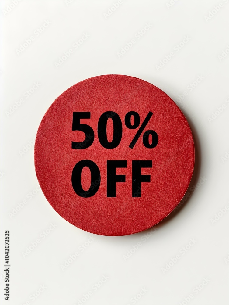 Black '50% OFF' Text on a Dark Red Round Paper Note. White Background Black '50% OFF' Text on a Dark Red Round Paper Note. White Background