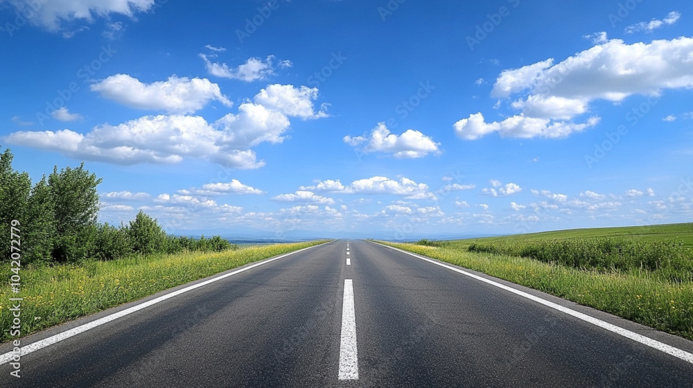Open Straight Road with Clear Blue Sky and Fluffy Clouds, Endless Highway through Green Fields, Perfect for Travel, Road Trip, and Adventure Themes Open Straight Road with Clear Blue Sky and Fluffy Clouds, Endless Highway through Green Fields, Perfect for Travel, Road Trip, and Adventure Themes