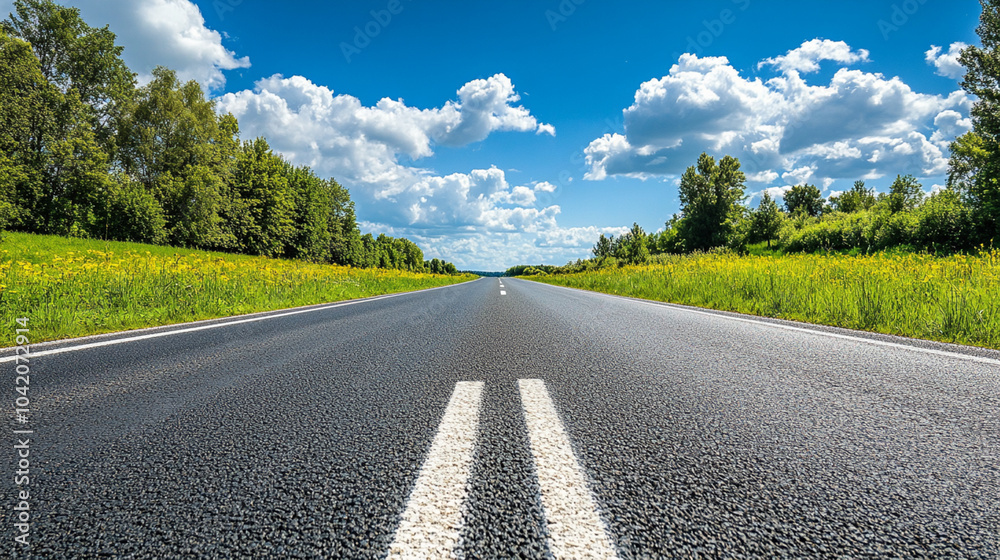 Open Straight Road with Clear Blue Sky and Fluffy Clouds, Endless Highway through Green Fields, Perfect for Travel, Road Trip, and Adventure Themes Open Straight Road with Clear Blue Sky and Fluffy Clouds, Endless Highway through Green Fields, Perfect for Travel, Road Trip, and Adventure Themes