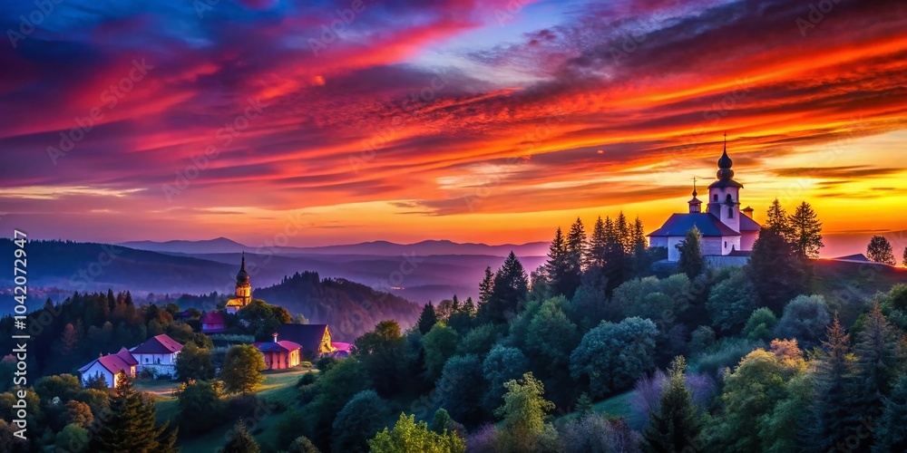 Fototapeta premium Twilight Sky After Sunset with Colorful Clouds and Silhouettes of Houses, Trees, and a Monastery on a Hill
