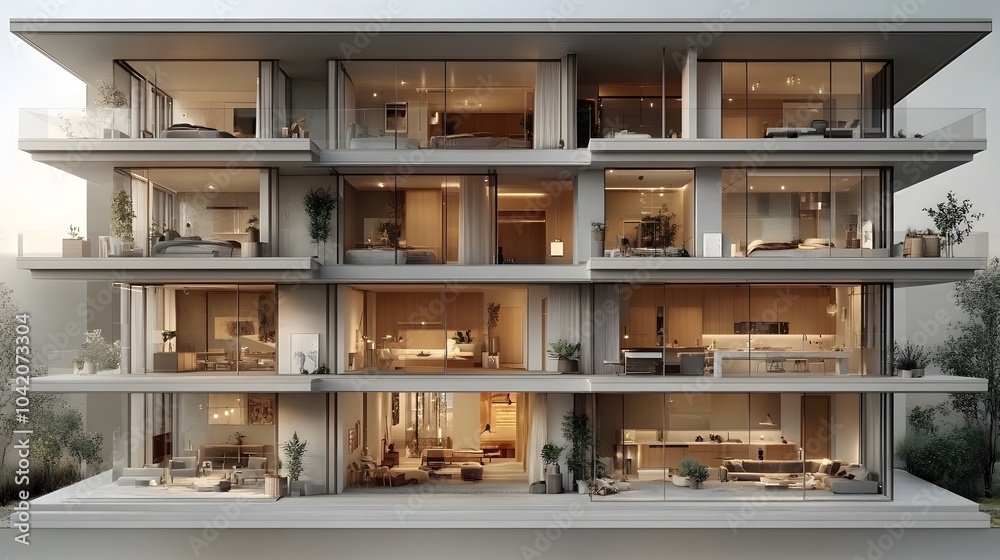 Modern 3D isometric loft house mockup with open-plan interiors, neutral color tones, and clean lines, set against a white background Modern 3D isometric loft house mockup with open-plan interiors, neutral color tones, and clean lines, set against a white background