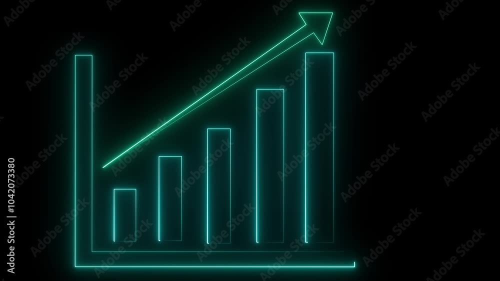 abstract neon line business graph icon animation. Glowing neon Business growth infographic animation. Increase sales in business. Flat isolated graph of success and black background.