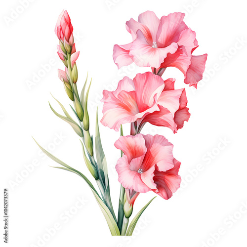 Elegant Gladiolus Flower Watercolor Botanical Art, Vibrant Watercolor Gladiolus Flower on transparent Background, Delicate Gladiolus Blossom Artistic Watercolor Print PNG.