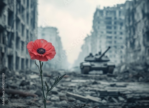 A lonely flower in a war-torn city and the tank advancing towards the flower photo